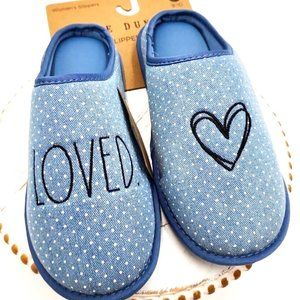 Rae Dunn Denim Loved Heart Blue Women's Slippers Size Large 9-10 NWT